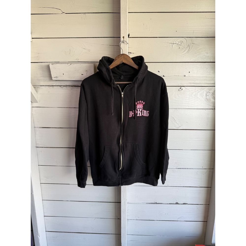 B.B. King Blues Musician Black Zip Up Hoodie Pink Glitter Crown Logo Large